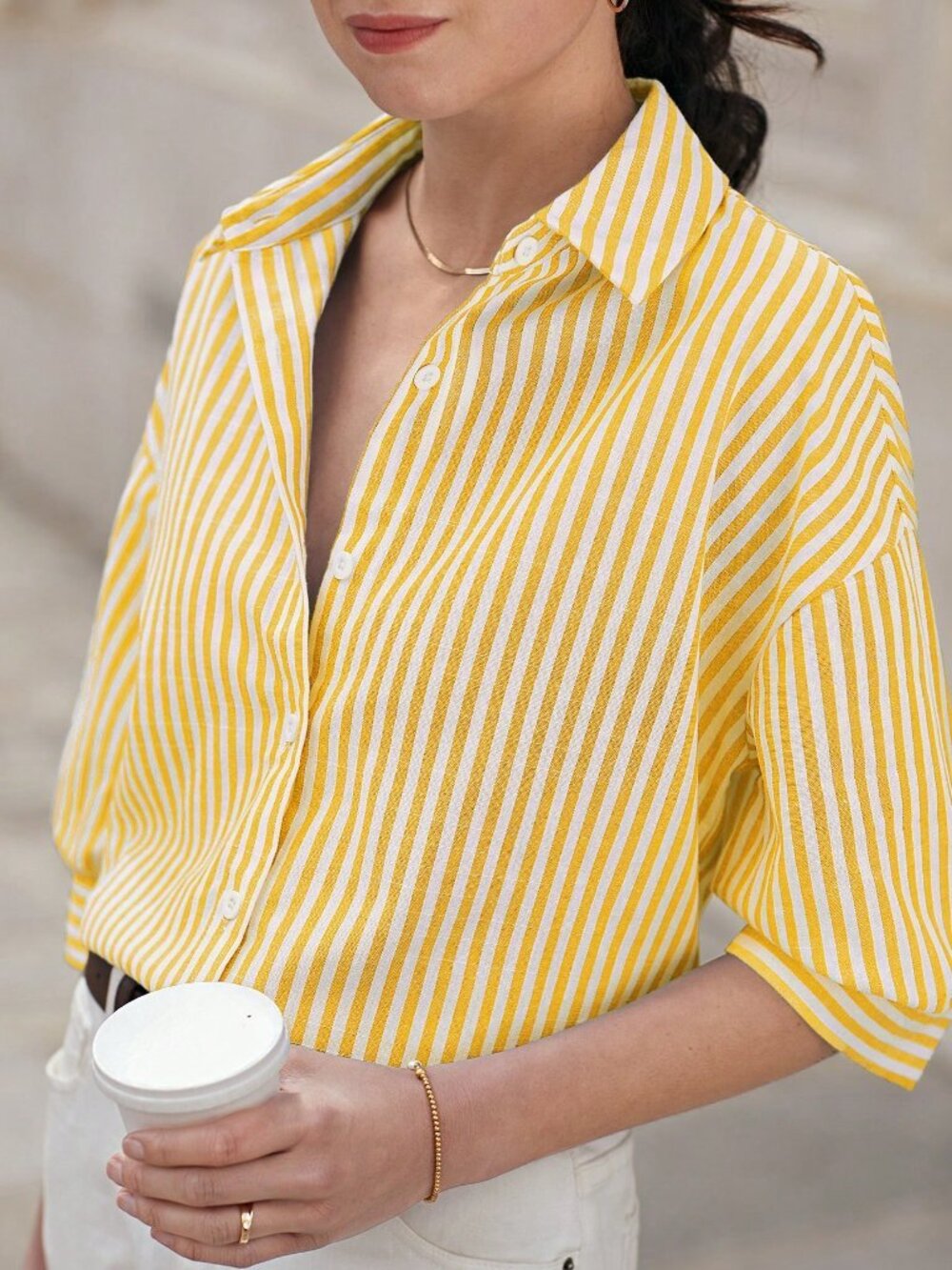 Multi-color Drop Shoulder Women's Long Sleeve Striped Casual Button-Down Shirt - Picture 5 of 6